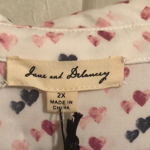 J&D XL Romantic Heart Print White Pink Gray High Low Blouse - Picture 7 of 12